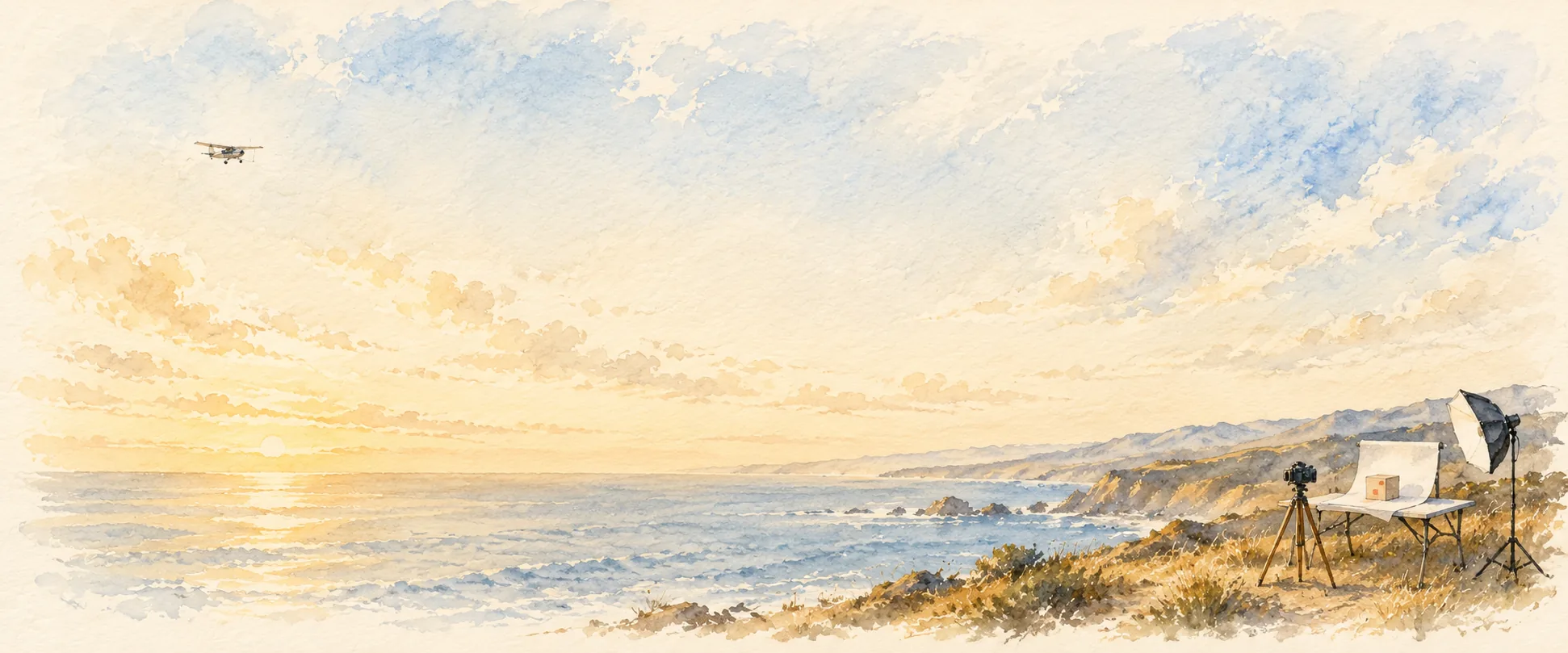 Watercolor of a photographer's table on a coastal bluff at sunrise, with a small plane over the sea