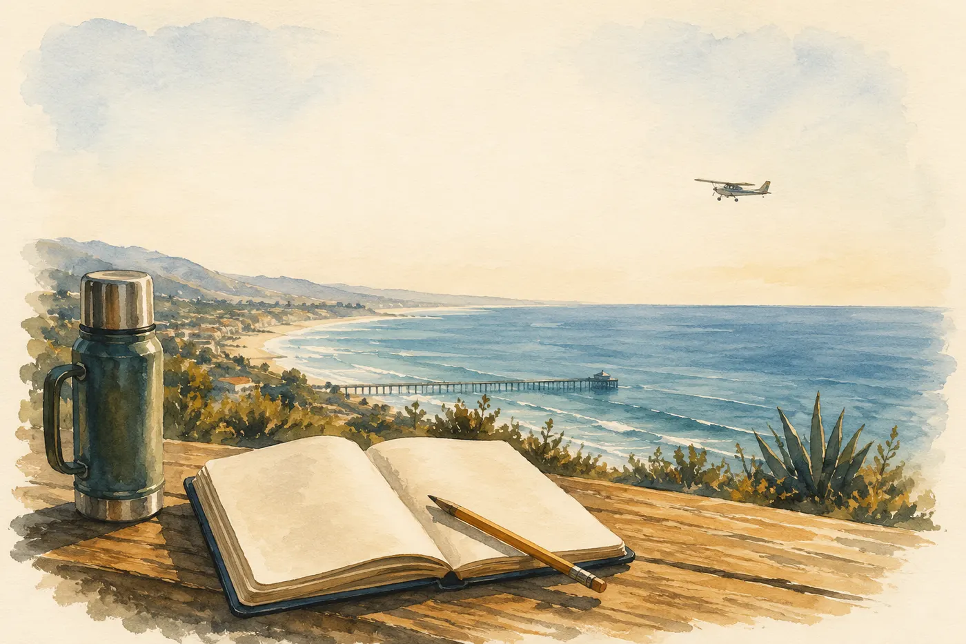 Watercolor of a blank field notebook and thermos on a wooden ledge overlooking a San Diego coastline, a small plane passing over the water