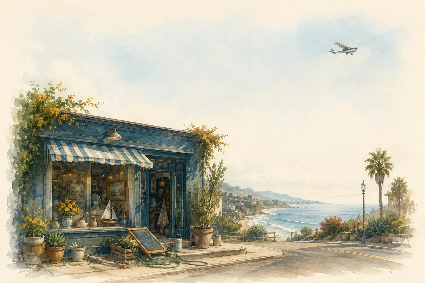 Watercolor of a tidy coastal storefront overlooking the ocean, its entry cluttered by a fallen sign and a garden hose