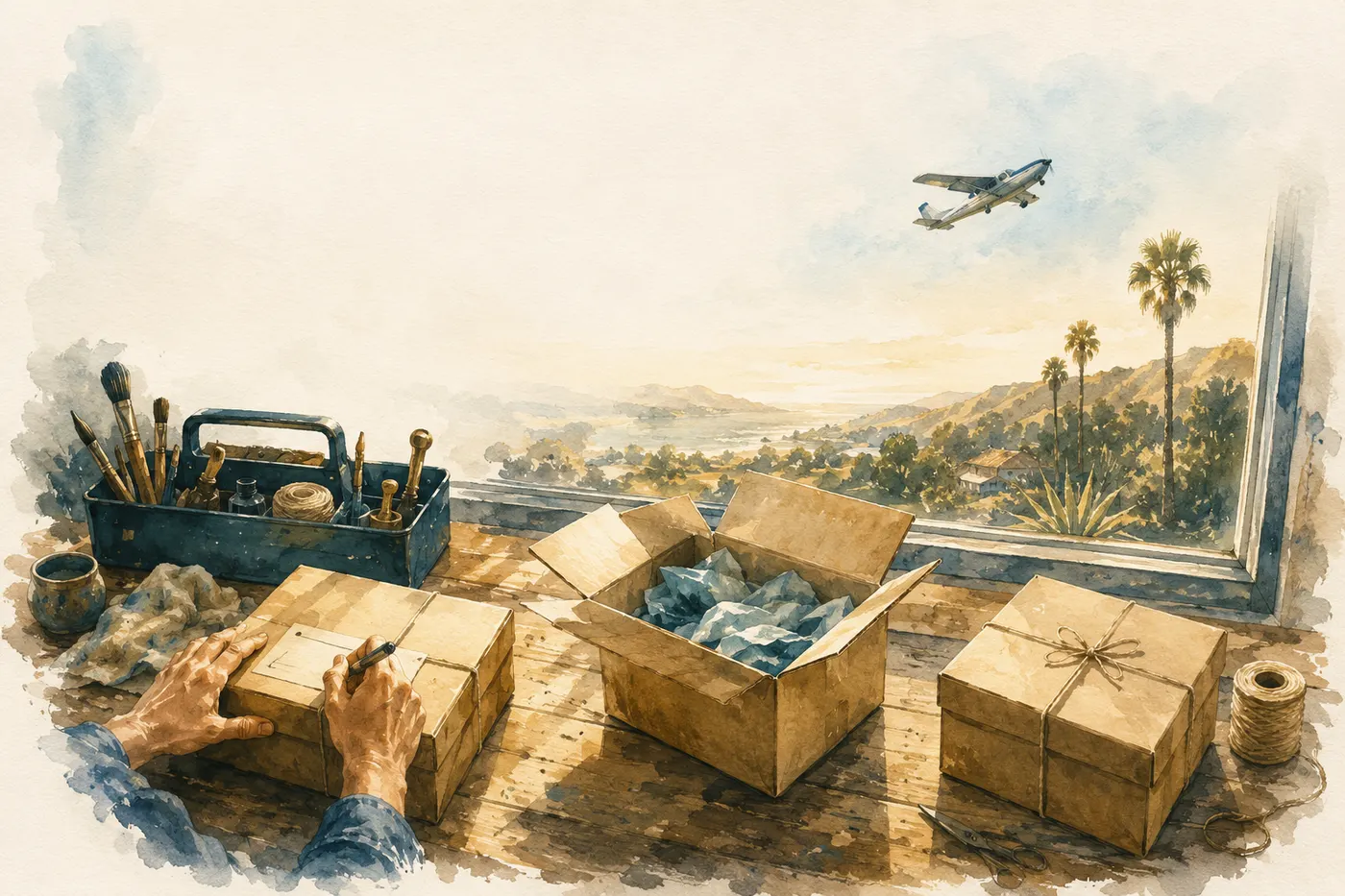 Watercolor of three shipping boxes on a sunlit workbench, one being labeled, one open, and one sealed, with a small plane climbing past the window