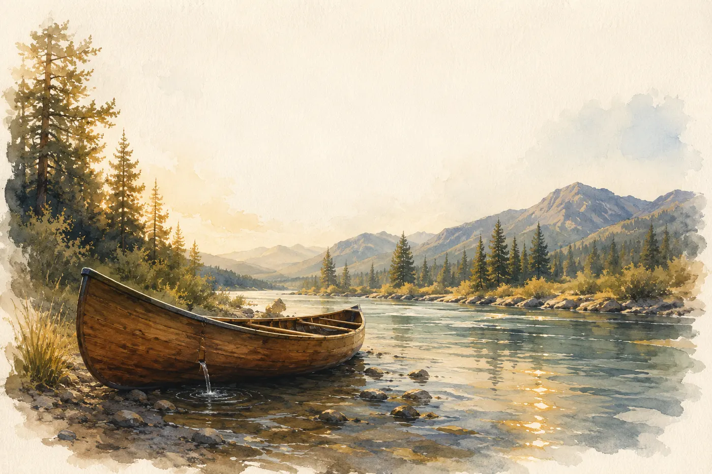 Watercolor of a wooden canoe on a golden riverbank, water trickling from a small leak in its hull