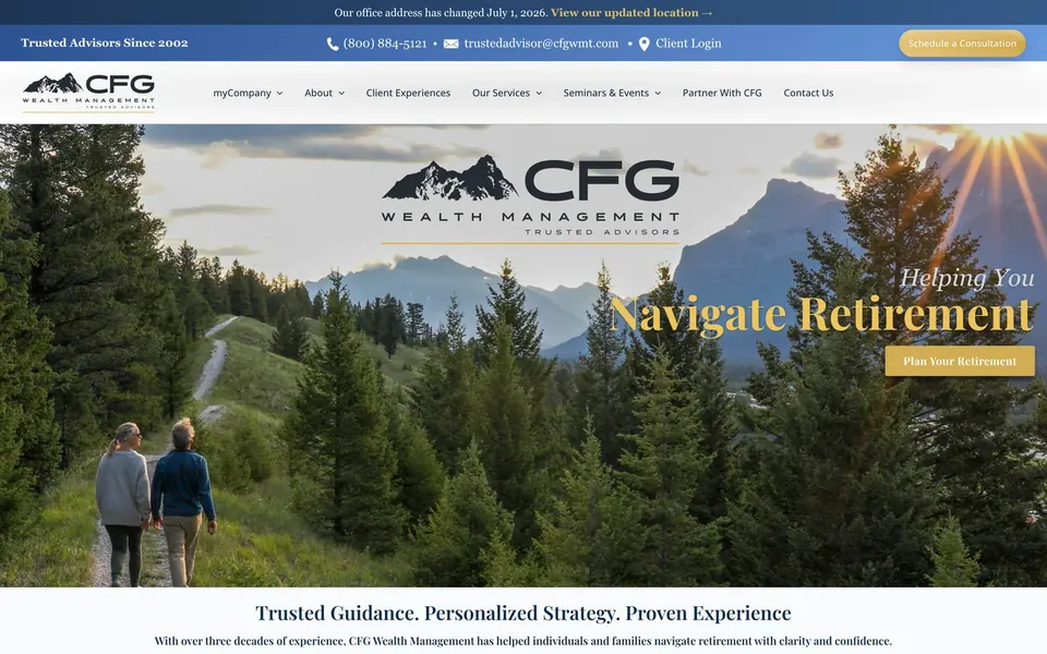 The CFG Wealth Management home page, with a mountain landscape and two people on a trail
