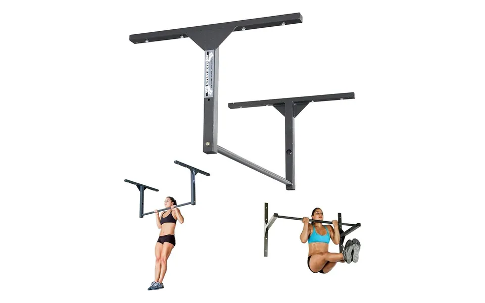 The Stud Bar pull-up bar mounted on a ceiling and a wall, with a person training on each
